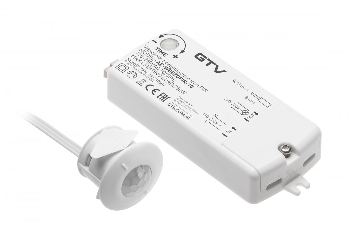 AE-WBEZDPIR-10 გამომრთველი მოძრაობის სენსორით PIR 230V max. 500W, კაბელი 2მ, თეთრი GTV