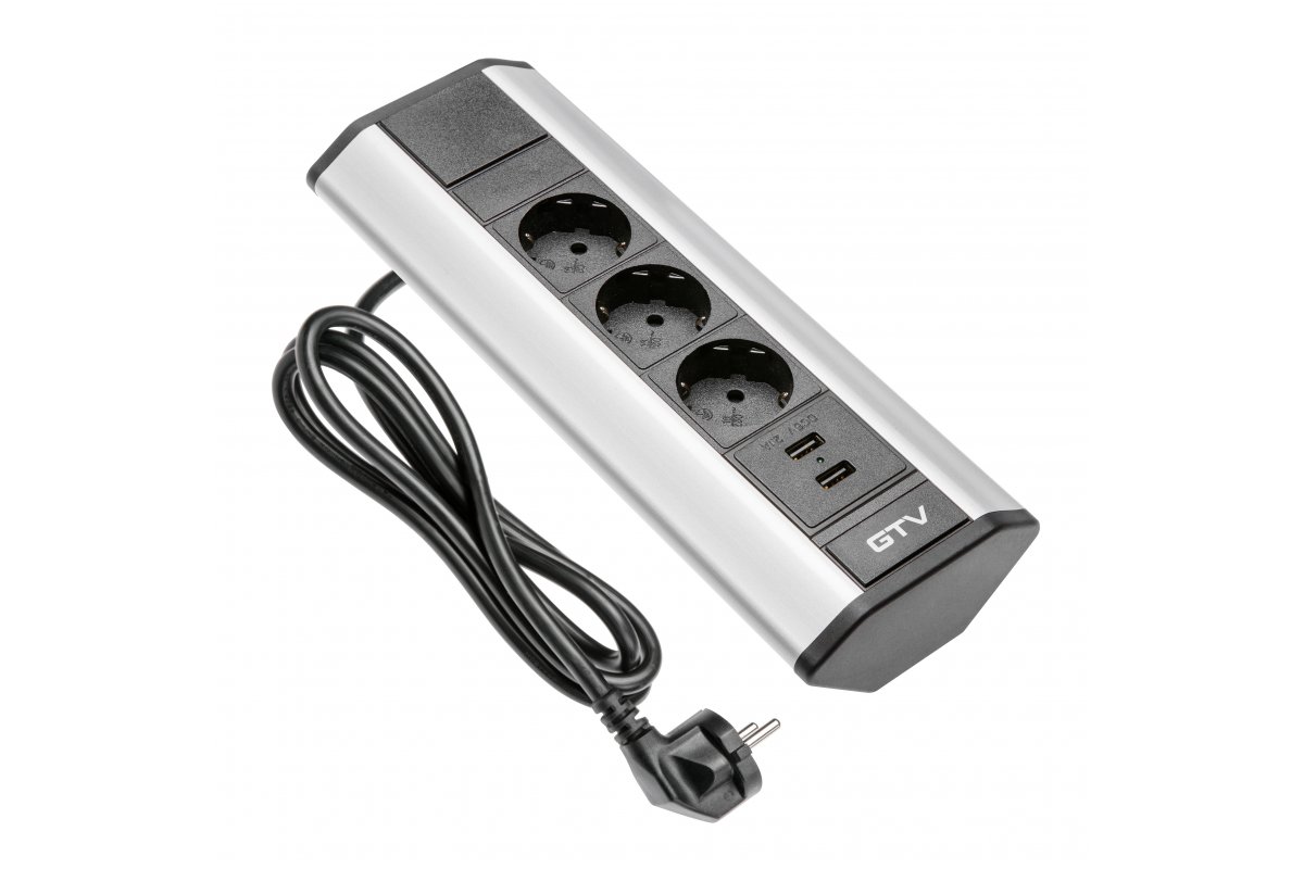 AE-PBKT3S2U-80 კუთხური როზეტი ალუმინისფერი 3x schuko, 2xUSB 2.1A 5V GTV