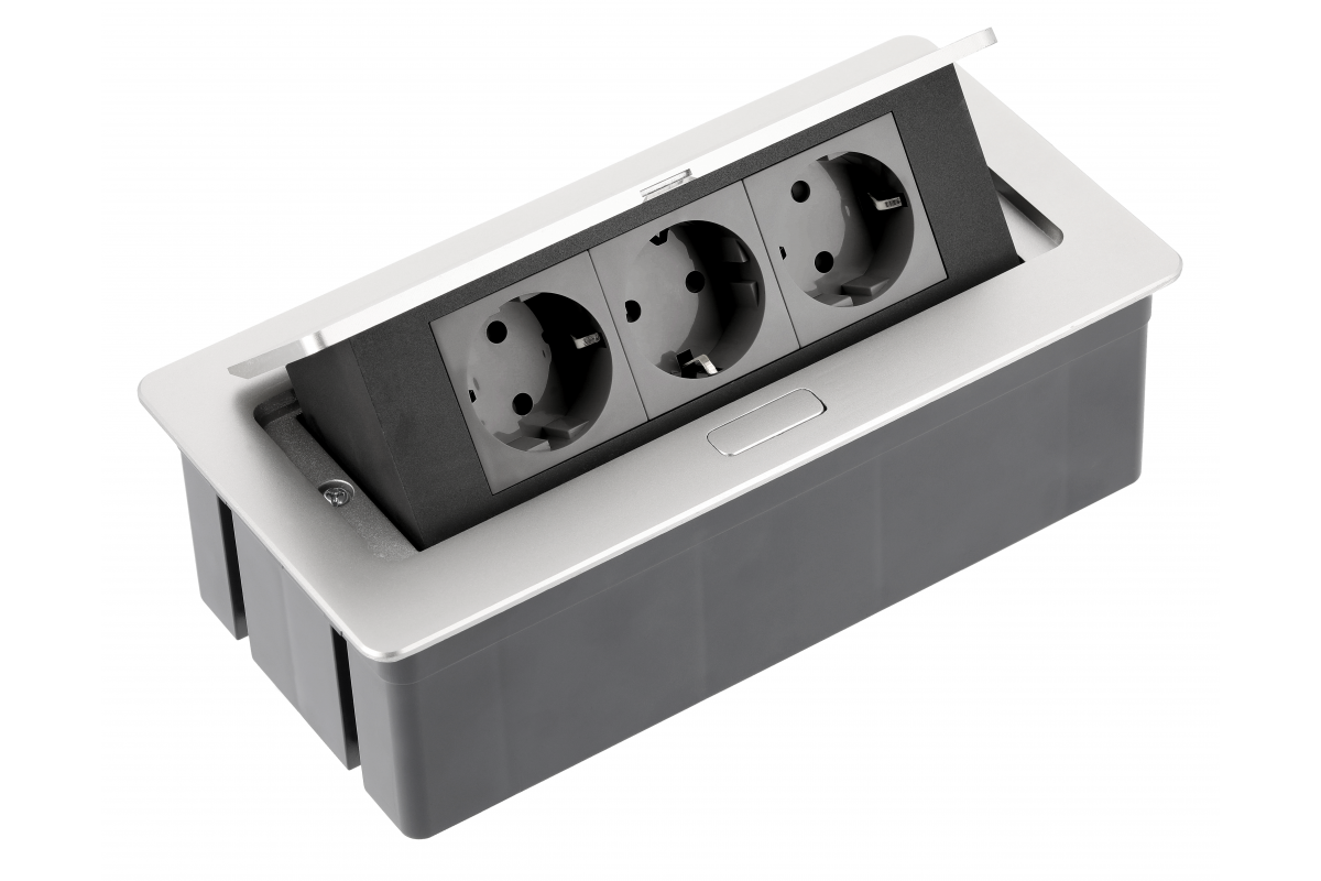 AE-PBSC3GS-53 დამაგრძელებელი ოფისისთვის SOFT 3x SCHUKO, კაბელი ჩანგლით,ალუმინისფერი GTV