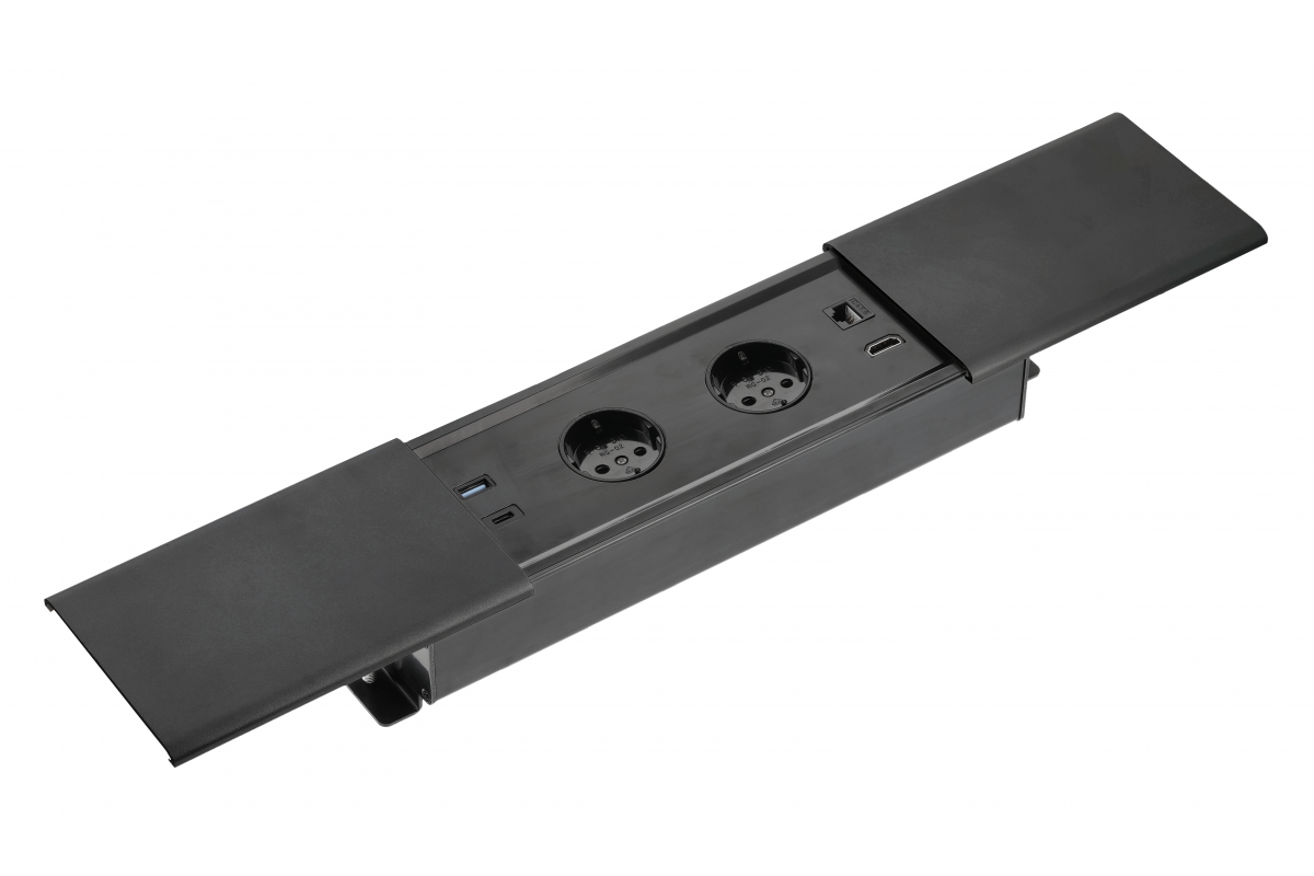 AE-PB2SPRES-20 მაგიდაში ჩასასმელი დამაგრძ. PRESTINO 2x SCHUKO, USB A+C, RJ45 HDMI, 1.5მ. კაბელი შავი