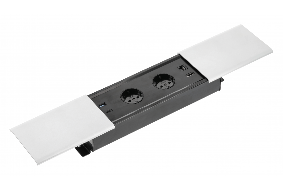 AE-PB2SPRES-10 მაგიდაში ჩასასმელი დამაგრძ. PRESTINO 2x SCHUKO, USB A+C, RJ45 HDMI, 1.5მ. კაბელი თეთრ