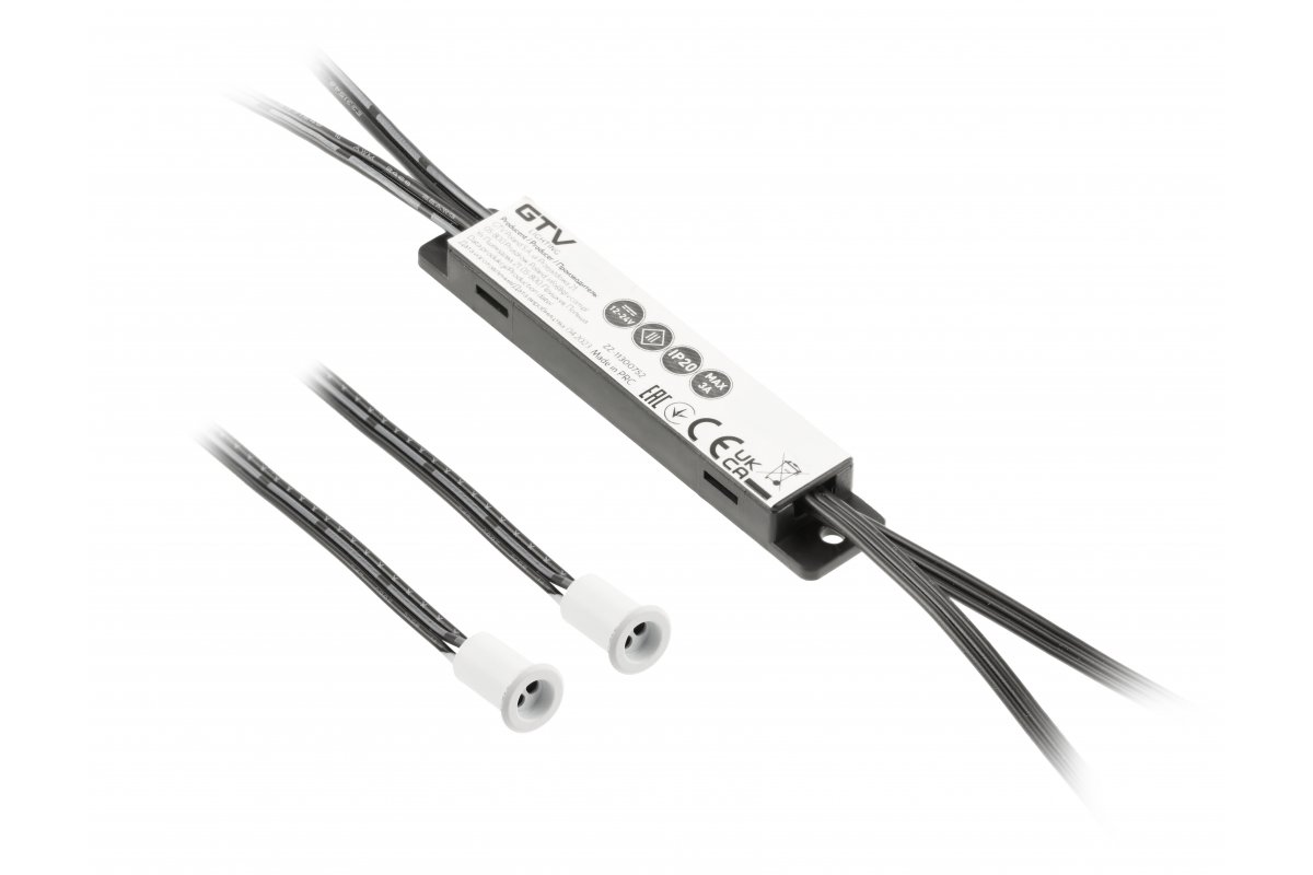 AE-WBE2-10 სენსორული გამომრთველი MIKRO, 12V/36W, IP20, 2 სენსორი 1 ფუნქციით, კაბელი 2მ და 1.2მ, თეთრ