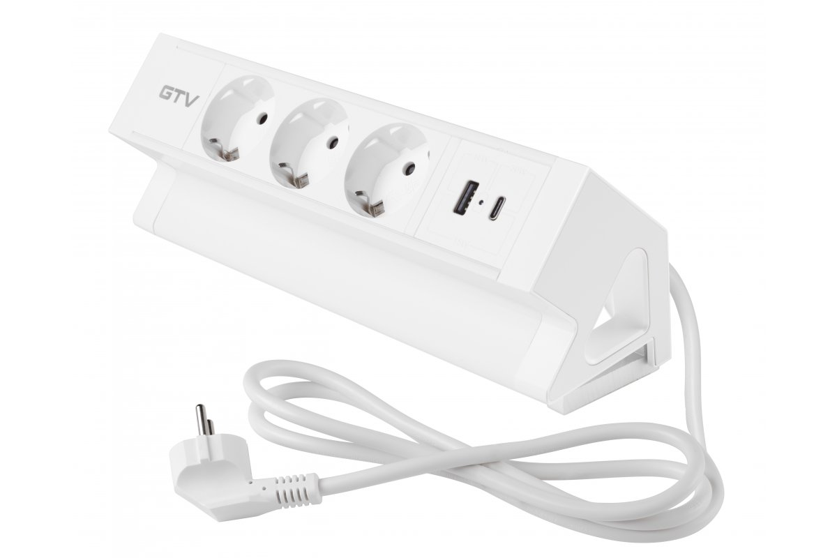 AE-GMBAS3S2U-10 ავეჯის როზეტი სამაგრით თეთრი BASCO, 3xSCHUKO, USB A+C, RJ45, HDMI, კაბელი 1.5მ, GTV