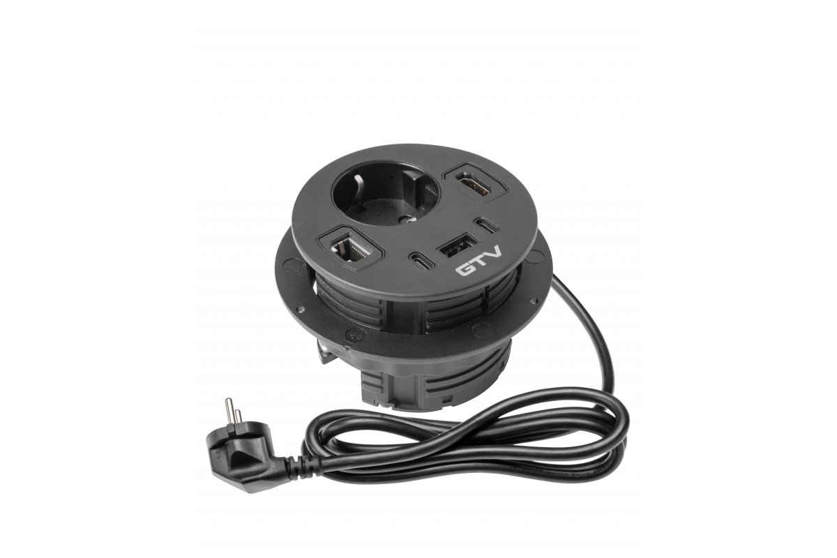 AE-GMRON1S3URH-20 ავეჯის როზეტი შავი RONDO,1xSCHUKO,1xUSB A+2xUSB C, RJ45, HDMI, კაბელი 1.5მ GTV