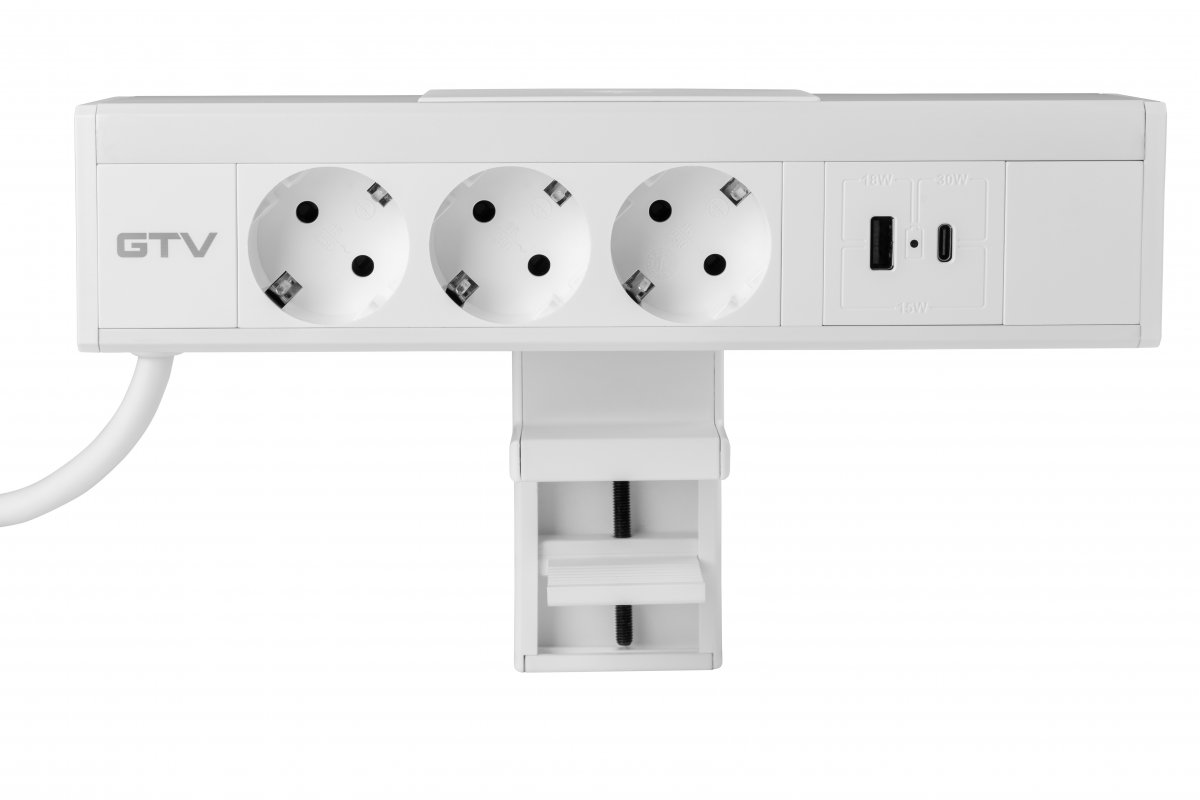 AE-GMNIC3S2U-10 ავეჯის როზეტი სამაგრით NICO, თეთრი, 3xSCHUKO,USB A+C, კაბელი 1.5მ GTV