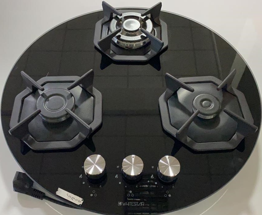 33235SNG გაზქურა მრგვალი,black,8mm glass,aut.gas cut-off safe, (3 gas burners/Matt caps of burnersდi